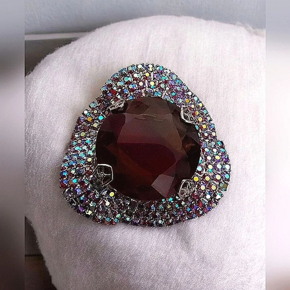 Vintage Wavy Silver Tone Topaz Red Givre Glass & AB Rhinestone Unsigned